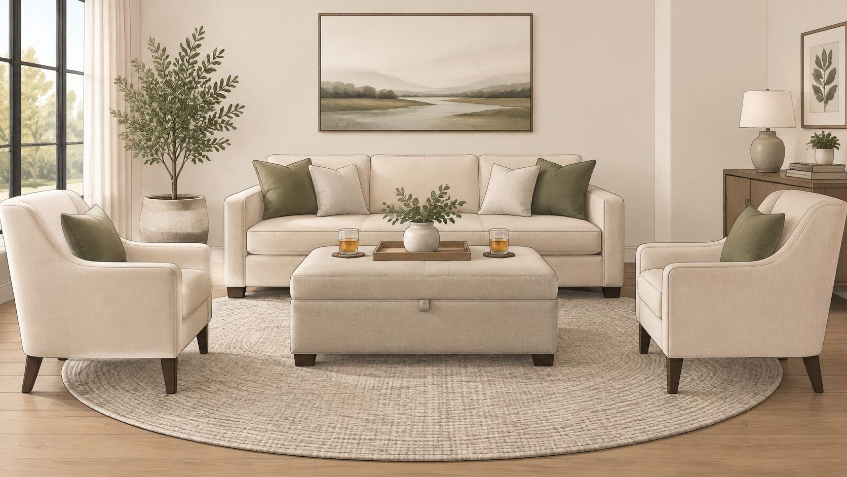 A modern living room featuring a cozy beige sofa, two armchairs, and a central cocktail storage ottoman.