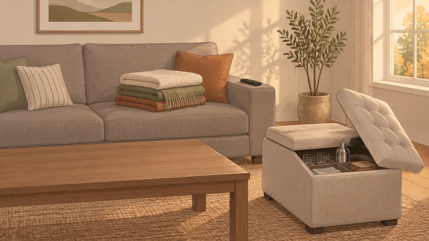 A cozy living room featuring a cocktail storage ottoman filled with barware next to a comfortable sofa.