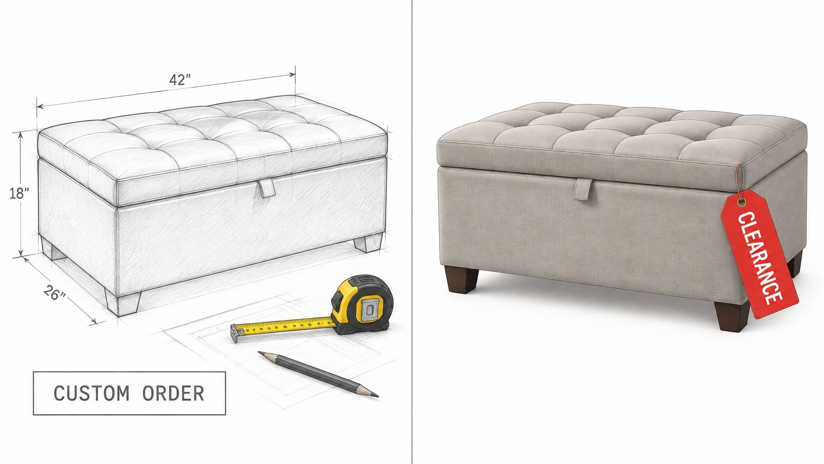 A custom order cocktail storage ottoman shown alongside its technical sketch, measurements, tape measure, and pencil.