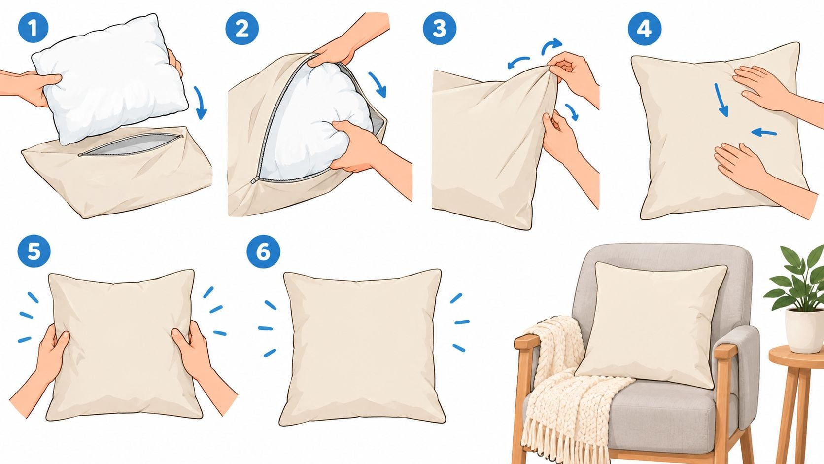 A six-step illustrated guide showing how to insert a pillow insert into a decorative pillow cover.