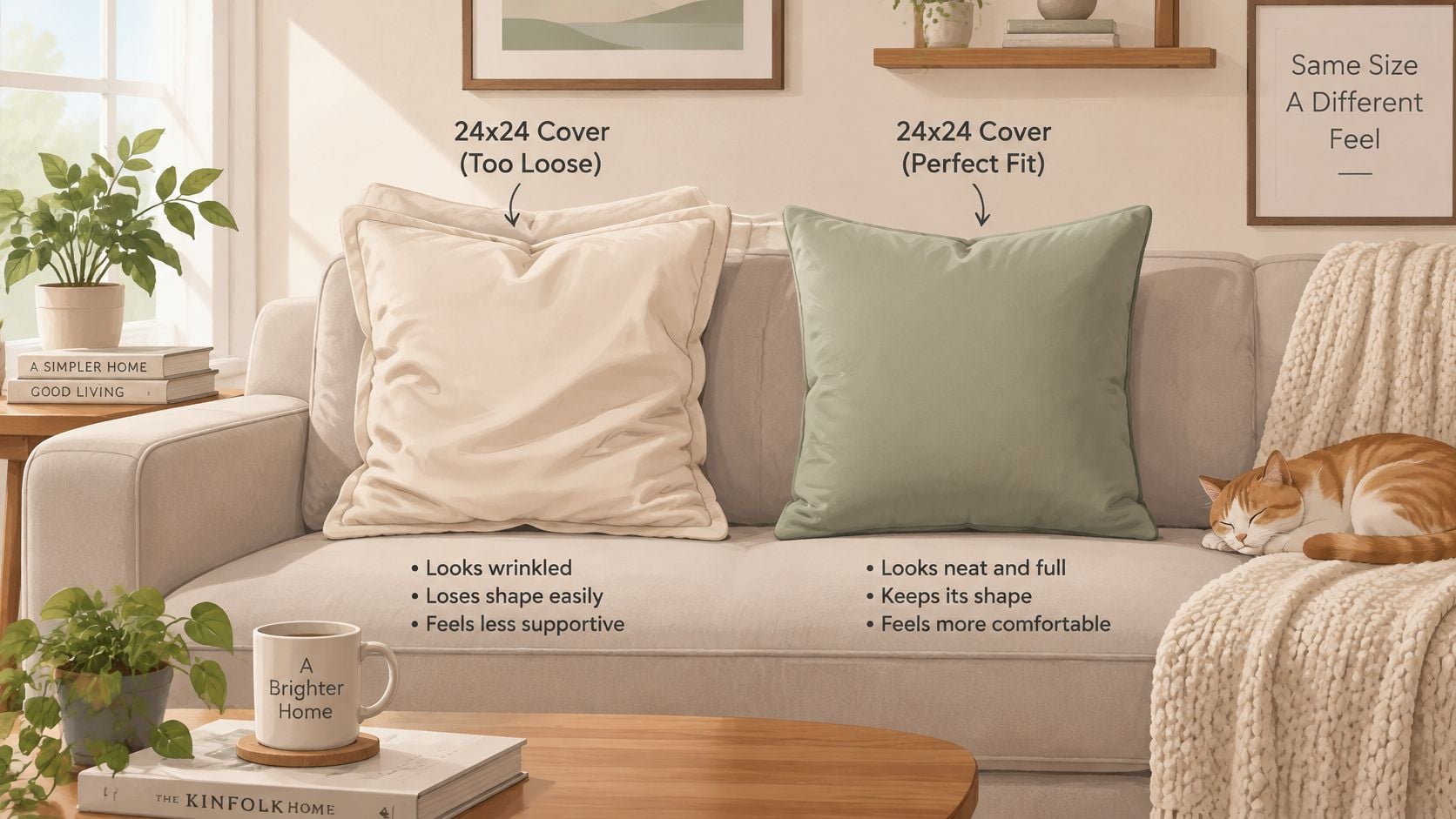 A comparison showing how a 24x24 inch pillow cover looks loose versus perfectly fitted on a sofa.