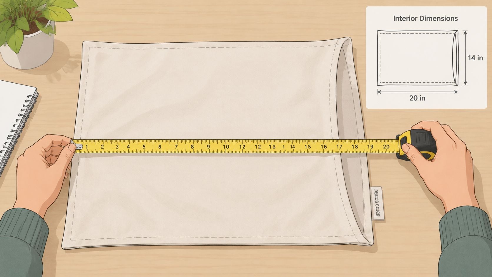 A person using a yellow tape measure to check the width of a light-colored rectangular pillow case.
