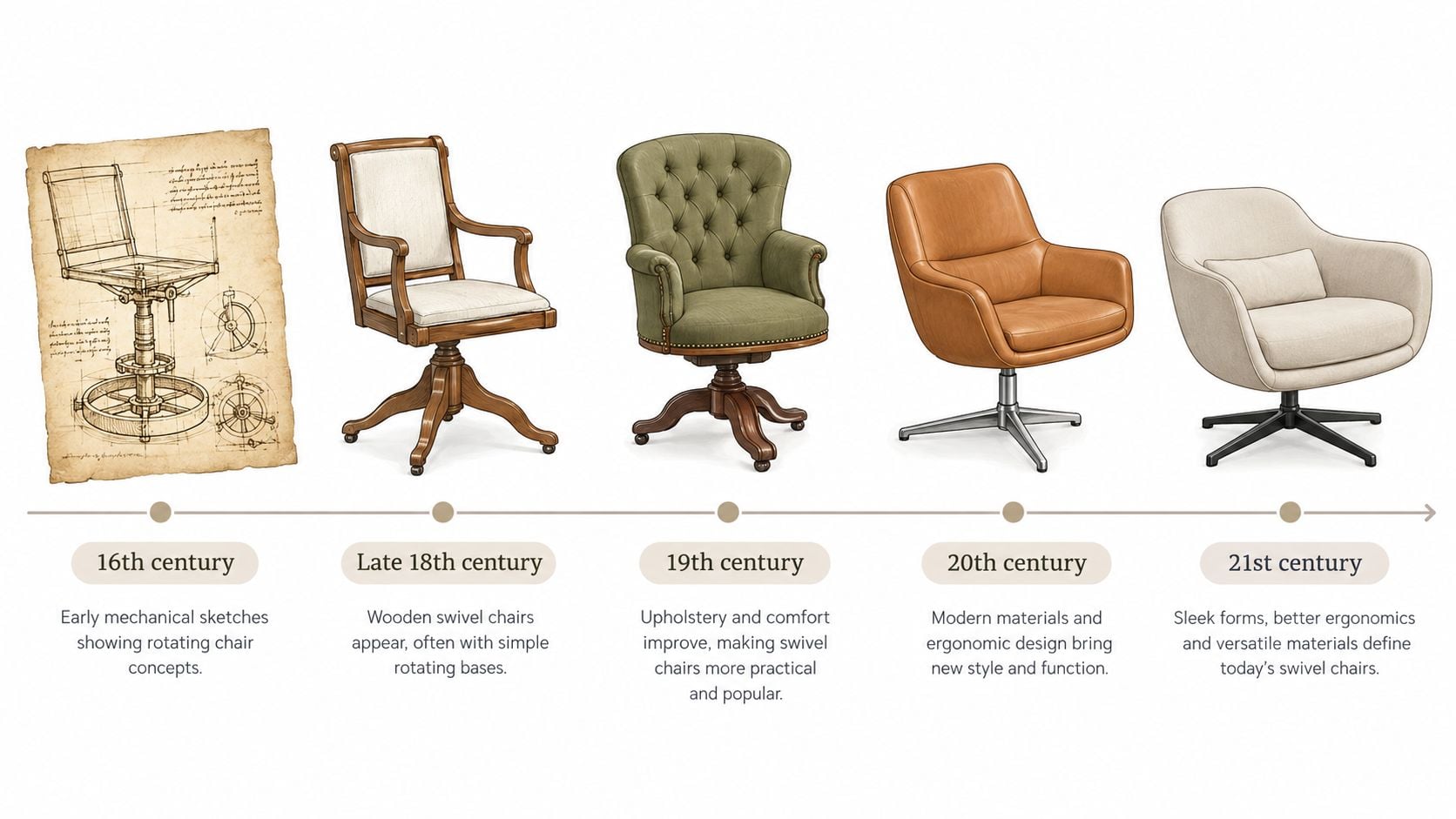 A timeline illustration showing the evolution of swivel chairs from 16th century mechanical sketches to modern designs.