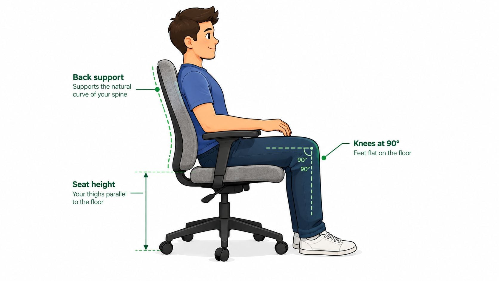 A diagram illustrating the correct ergonomic posture for sitting in a fabric swivel chair, showing proper support.