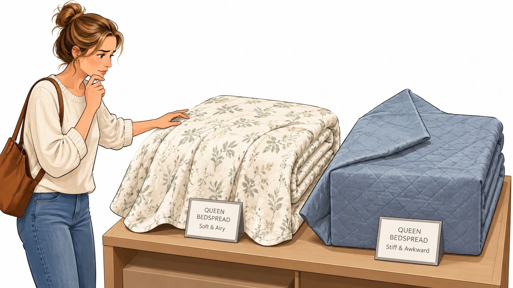 A woman shopping for bedspreads comparing a soft floral queen bedspread with a stiff blue one.