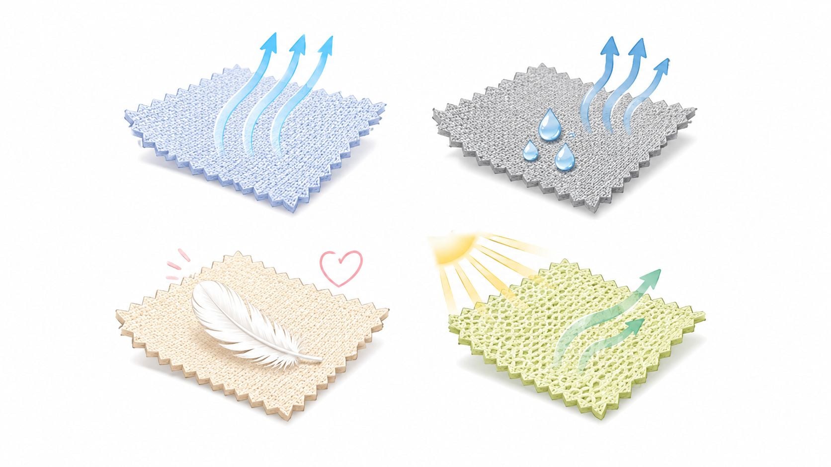 Four textile swatches showing icons for breathability, moisture-wicking properties, soft fabric texture, and heat-resistant cooling capabilities.