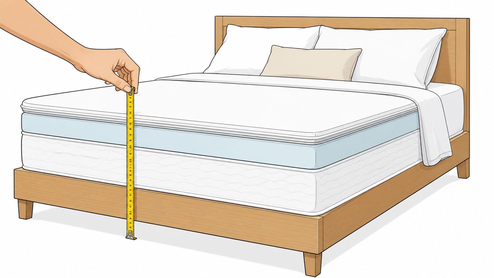 A person using a yellow measuring tape to measure the height of a mattress on a wooden bed frame.