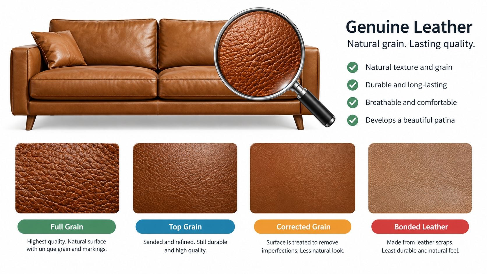 A diagram comparing four types of leather: Full Grain, Top Grain, Corrected Grain, and Bonded Leather for sofas.