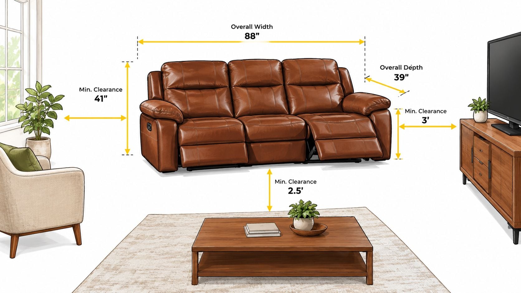 A brown genuine leather reclining sofa featuring dimensions and clearance measurements for optimal living room furniture placement.