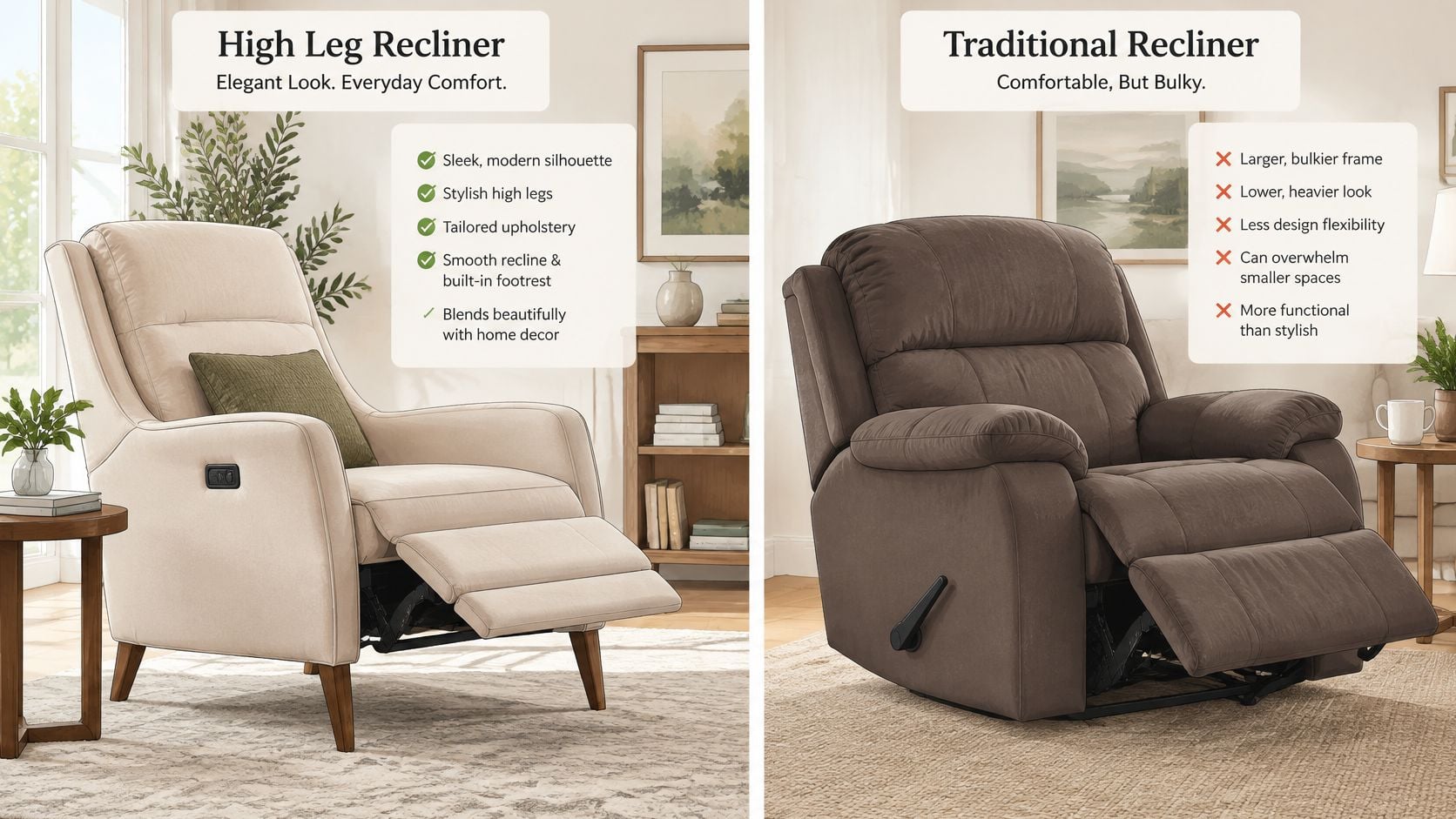 A comparison showing a stylish high leg recliner on the left and a bulky traditional recliner on the right.