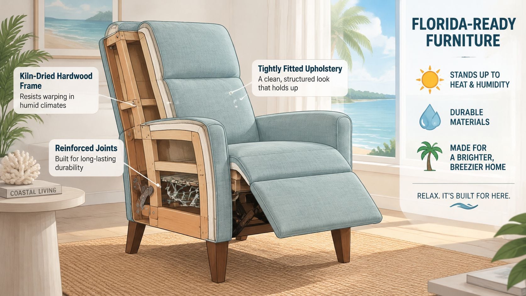 A cutaway view of a stylish blue high leg recliner highlighting its durable wood frame and construction.