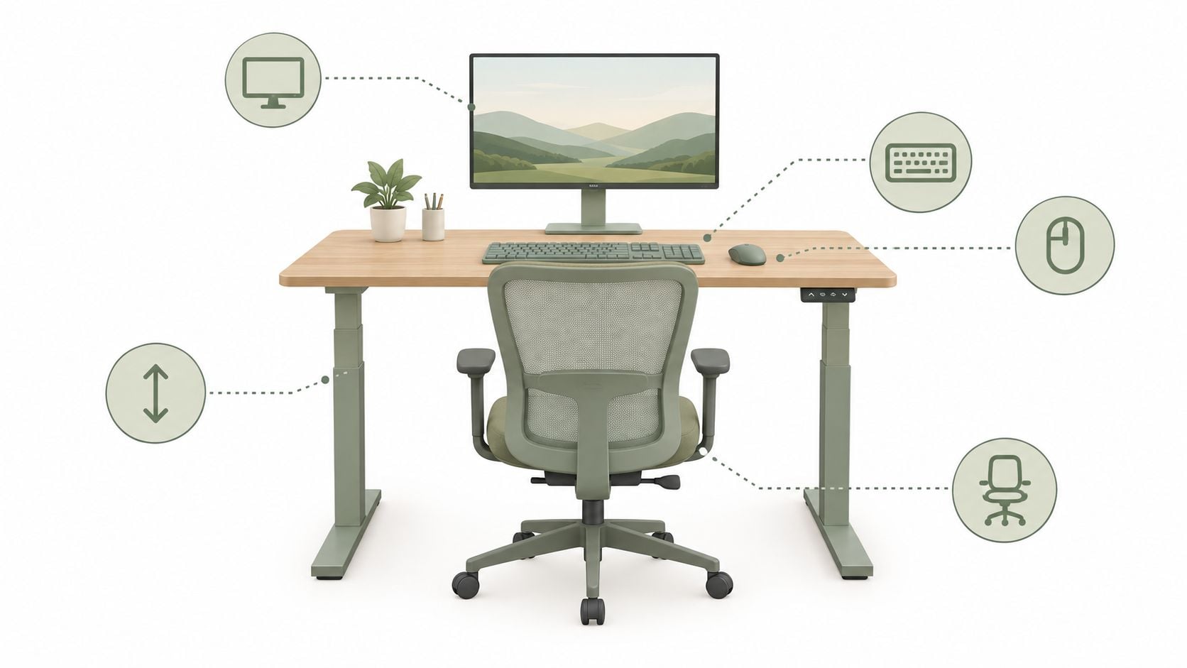 A modern adjustable standing desk with a computer, ergonomic chair, and office accessories against a white background.