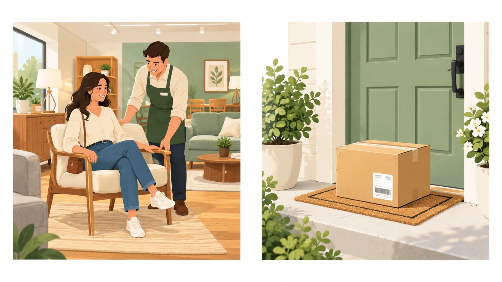 A store employee assisting a customer in a home decor showroom alongside a delivered package outdoors.