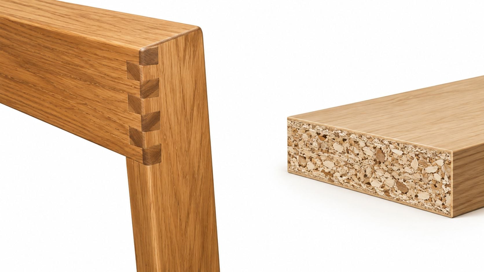 A split image showcasing high-quality solid wood joinery versus low-quality particle board furniture construction material.