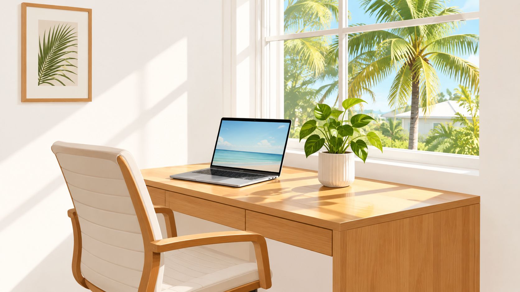 A modern home office desk with a laptop and potted plant beside a sunny window with palm trees.