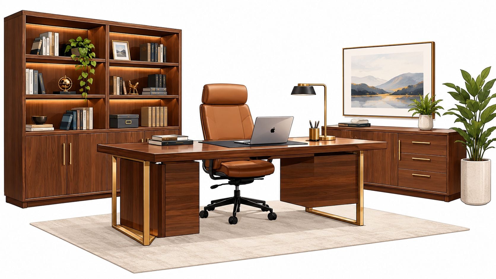 A modern executive office set featuring a walnut desk, matching bookshelf, leather chair, and minimalist decor elements.