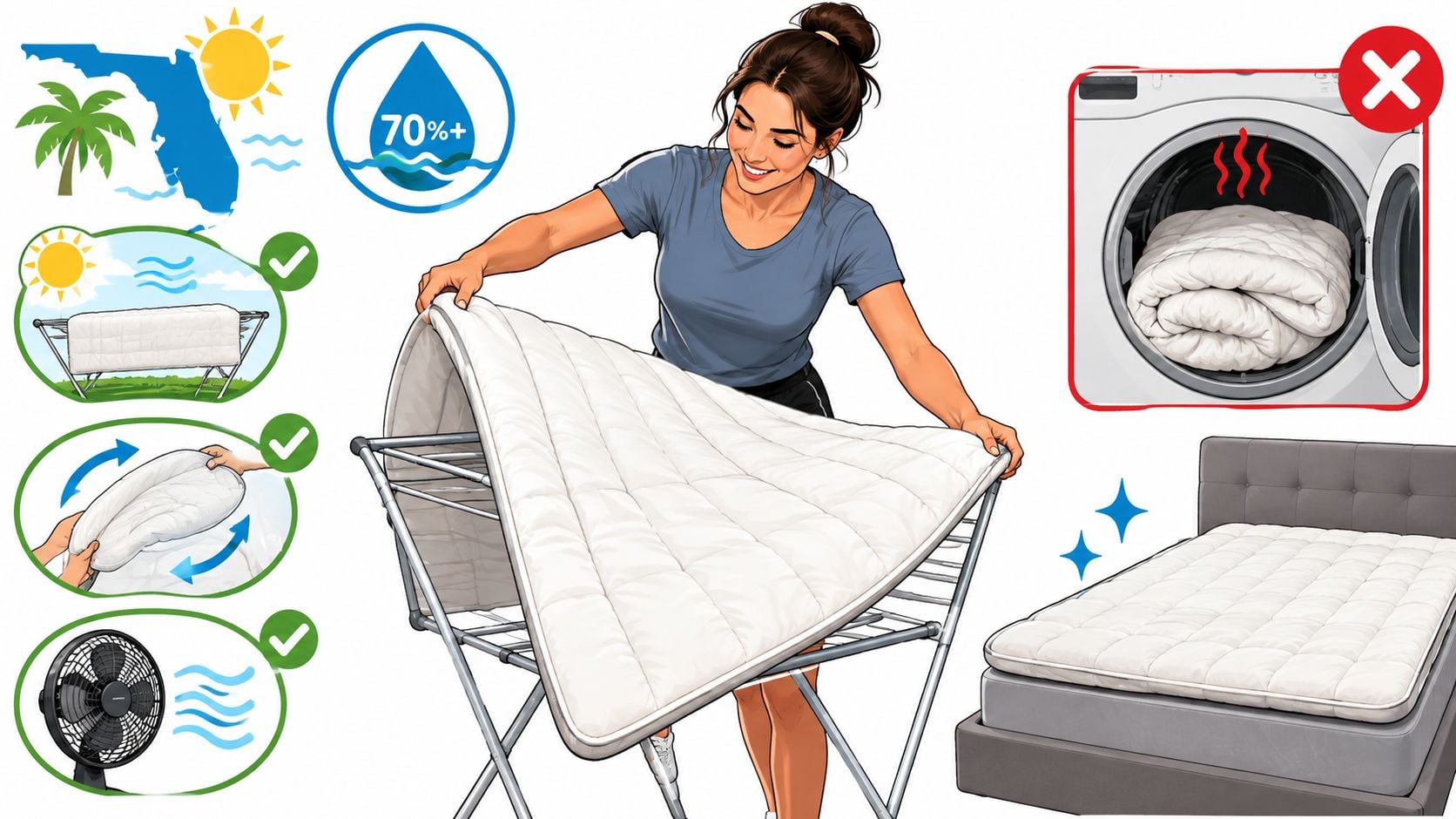 A woman air-drying a white memory foam mattress topper on a rack with proper care instructions.