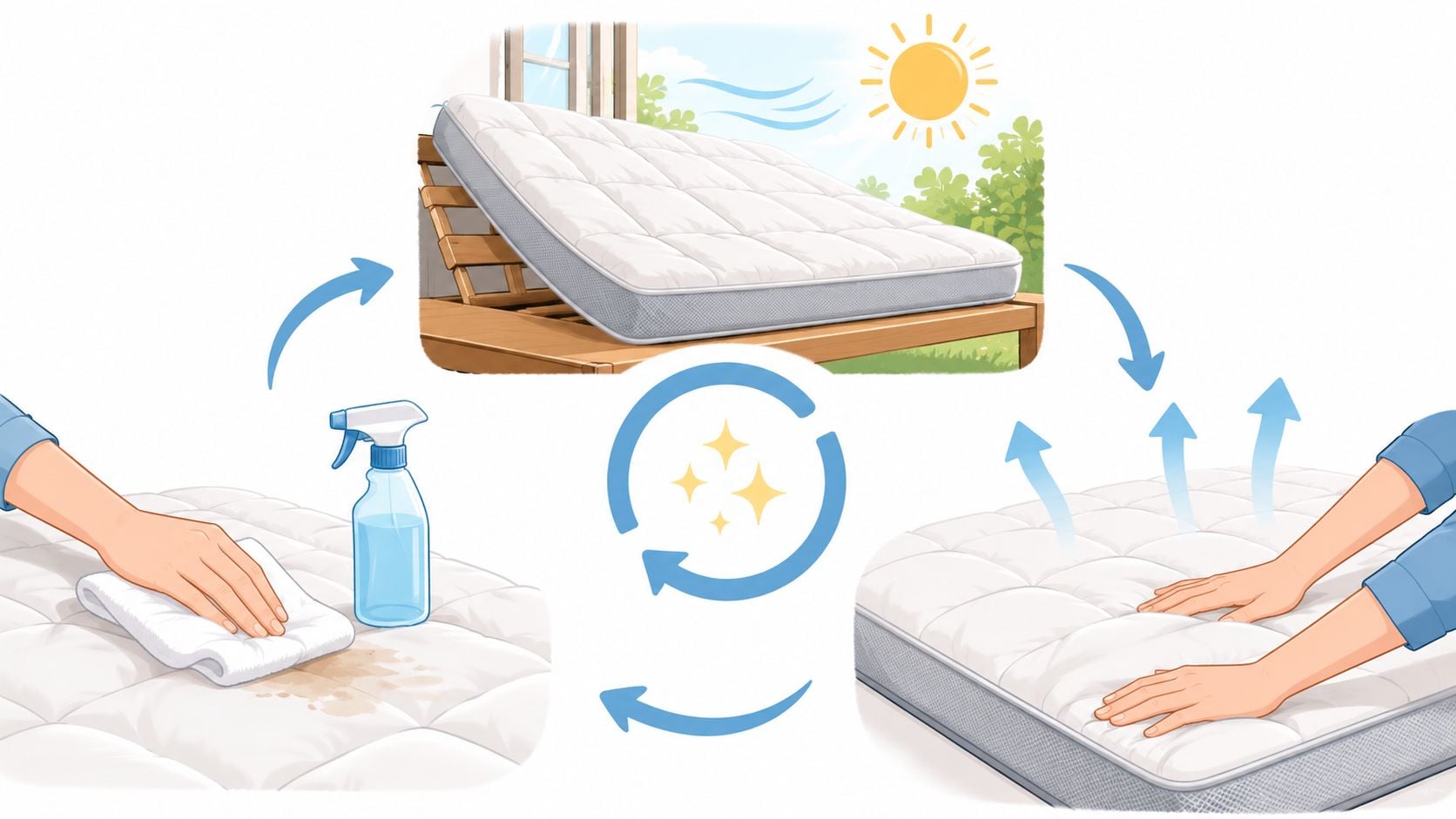 A diagram illustrating the steps to clean a memory foam mattress topper using a spray and air-drying.