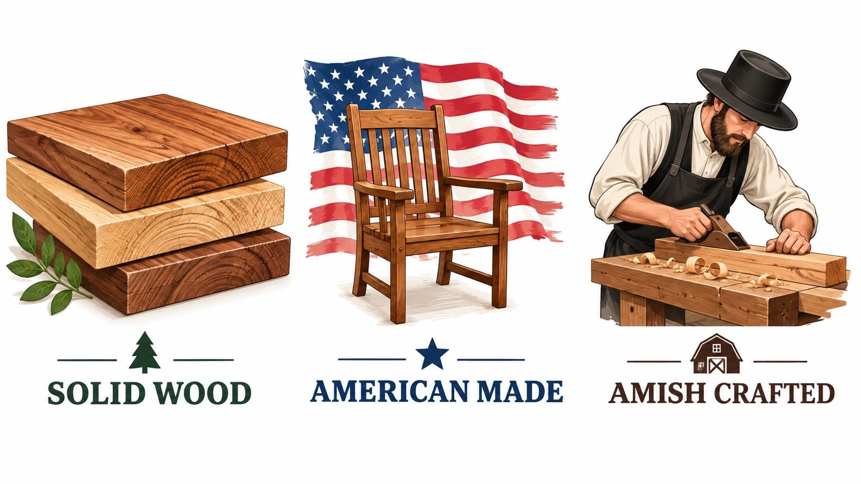 Three icons representing solid wood, American made products, and Amish crafted furniture building traditions.