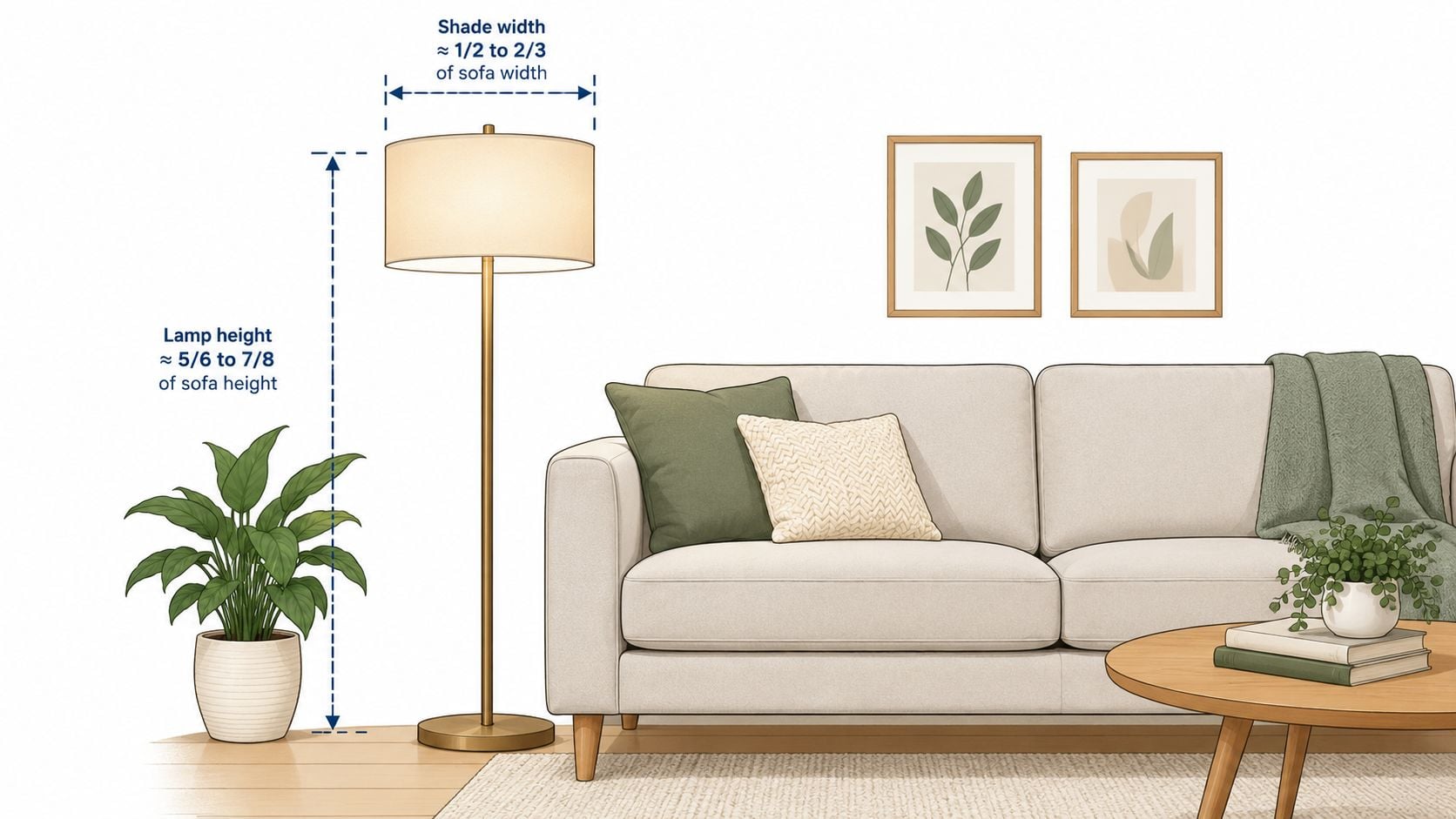 A diagram illustrating ideal height and width proportions for a floor lamp placed next to a sofa.