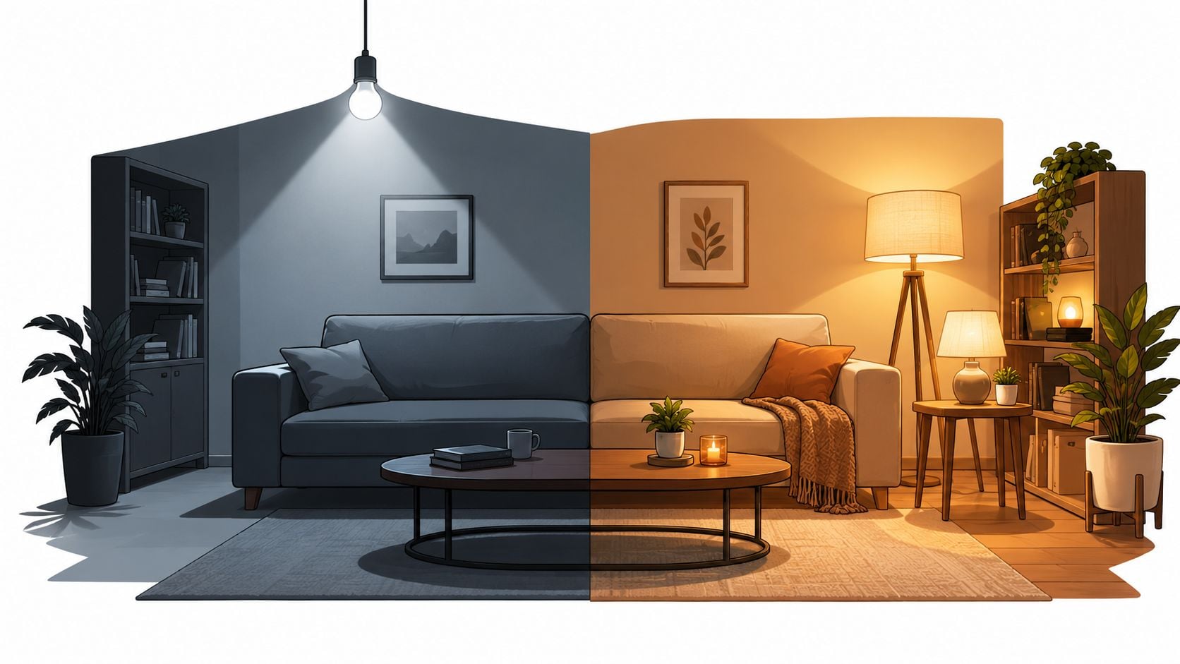 A split image showing a living room with cool blue lighting on the left and warm lighting on the right.