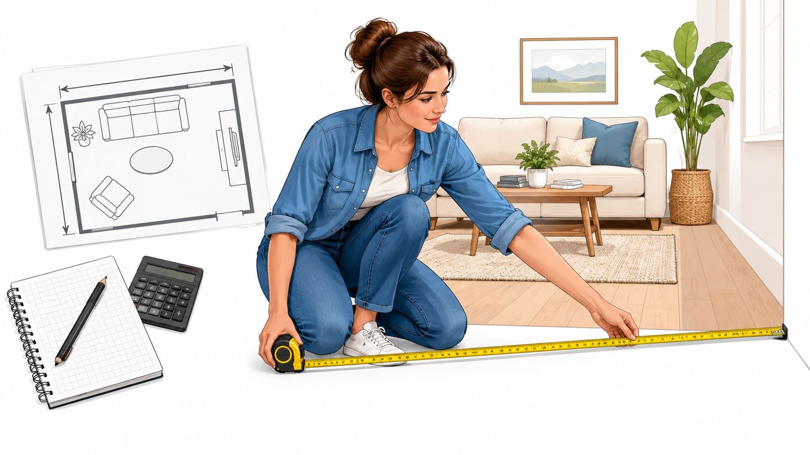 A woman measuring the floor of her living room with a tape measure to plan furniture placement.