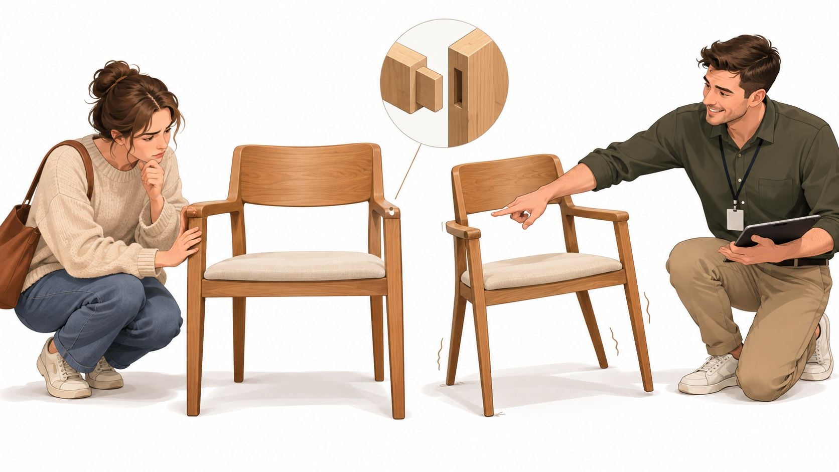 A man explaining mortise and tenon joinery to a woman while pointing at a shaky wooden chair.