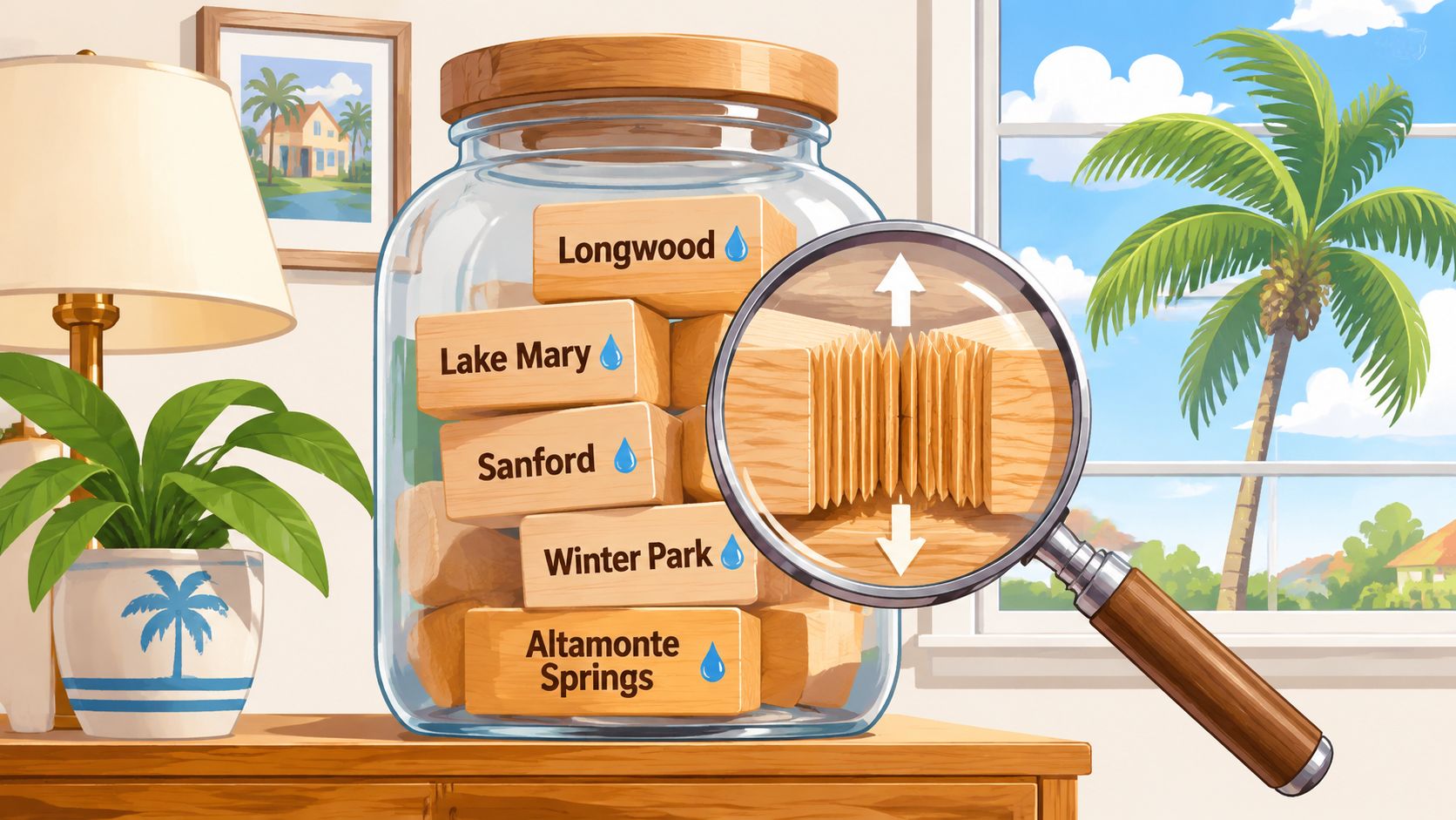 A magnifying glass focusing on a detailed wood joint inside a glass jar containing city labels.