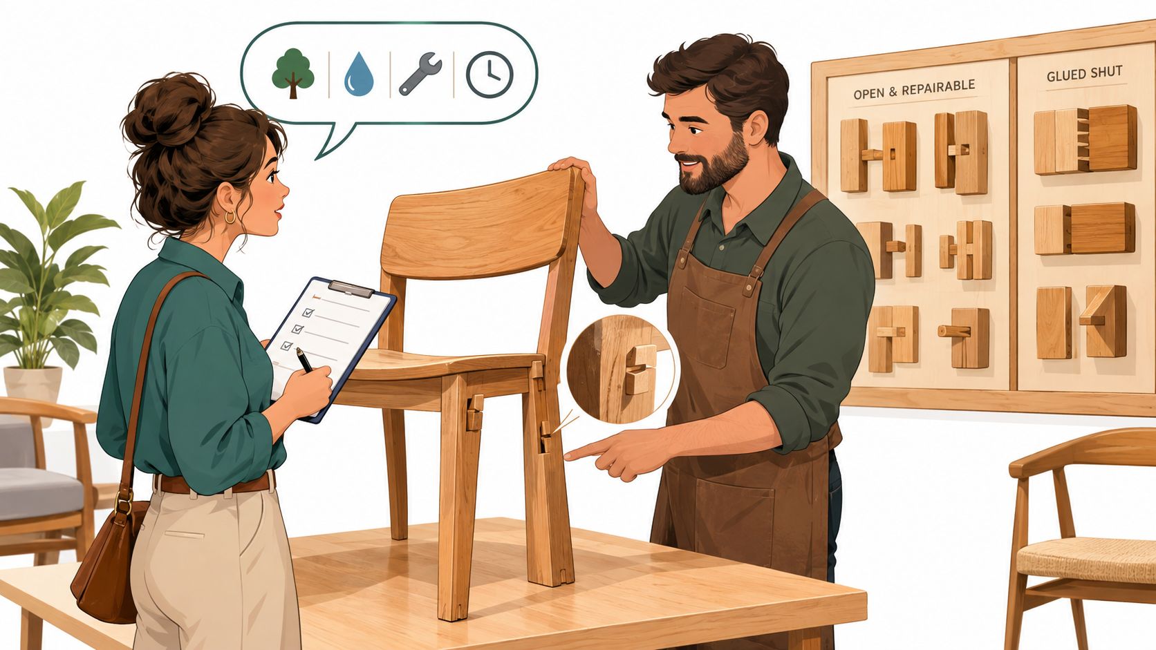 A craftsman explaining a mortise and tenon joint on a wooden chair to a customer with a clipboard.