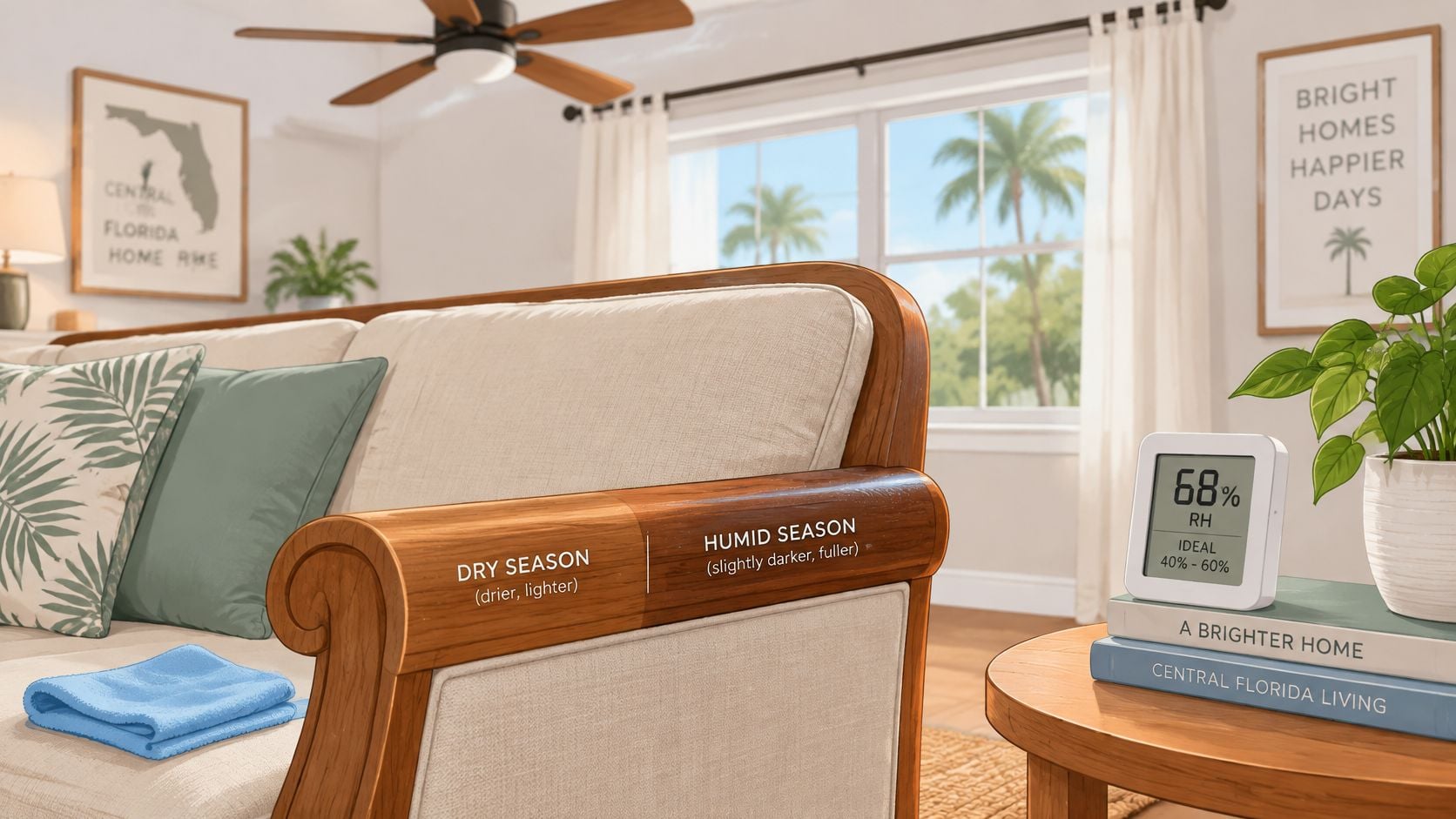 A sofa with wood trim displaying seasonal humidity effects next to a digital hygrometer on a side table.