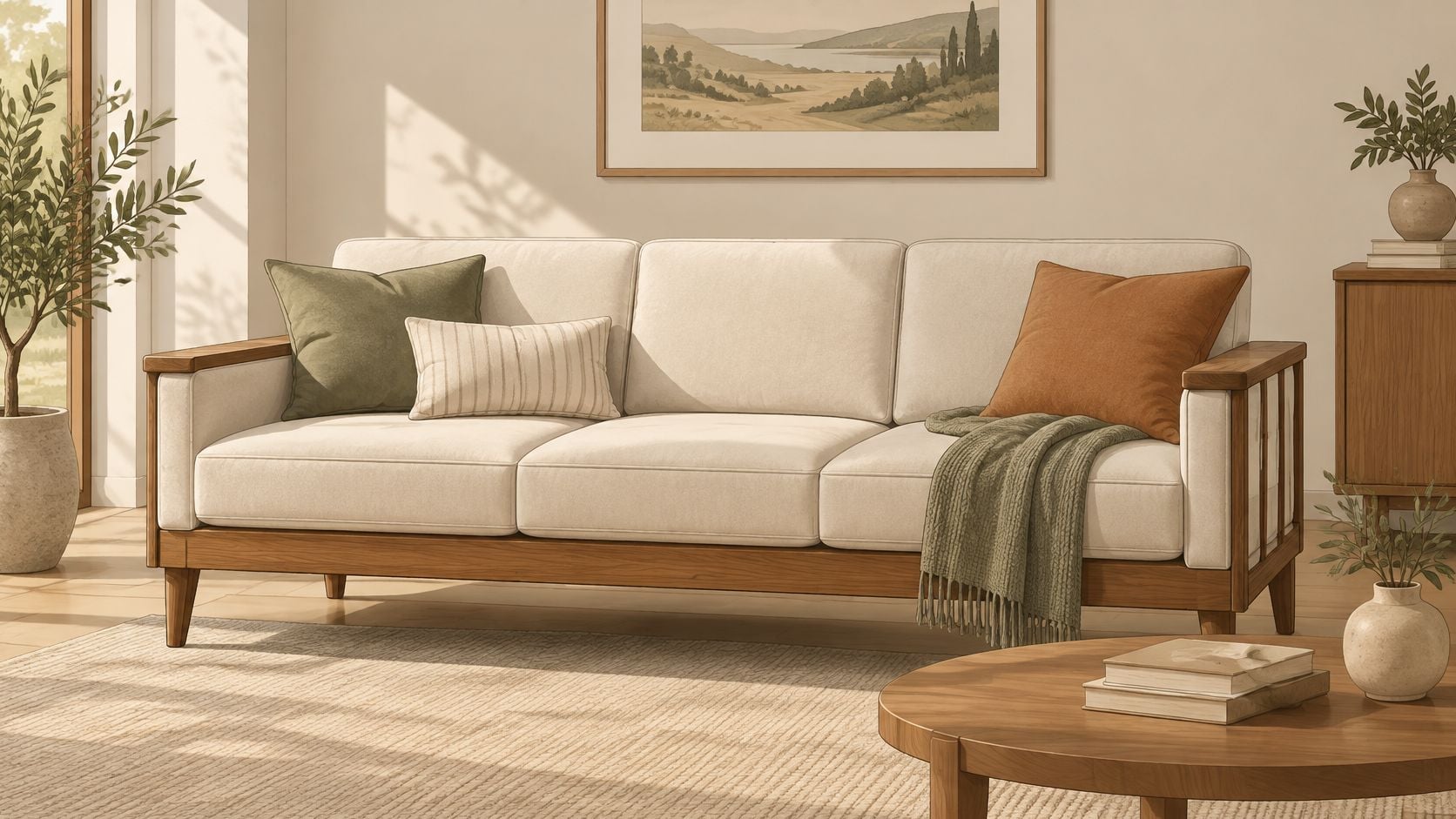 A modern beige sofa with wood trim featuring decorative pillows and a throw blanket in a cozy room.
