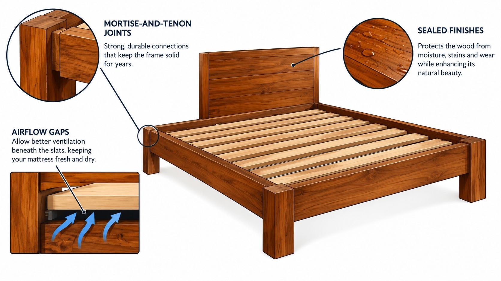 A wooden bed frame showing construction details like mortise and tenon joints and airflow gaps under slats.