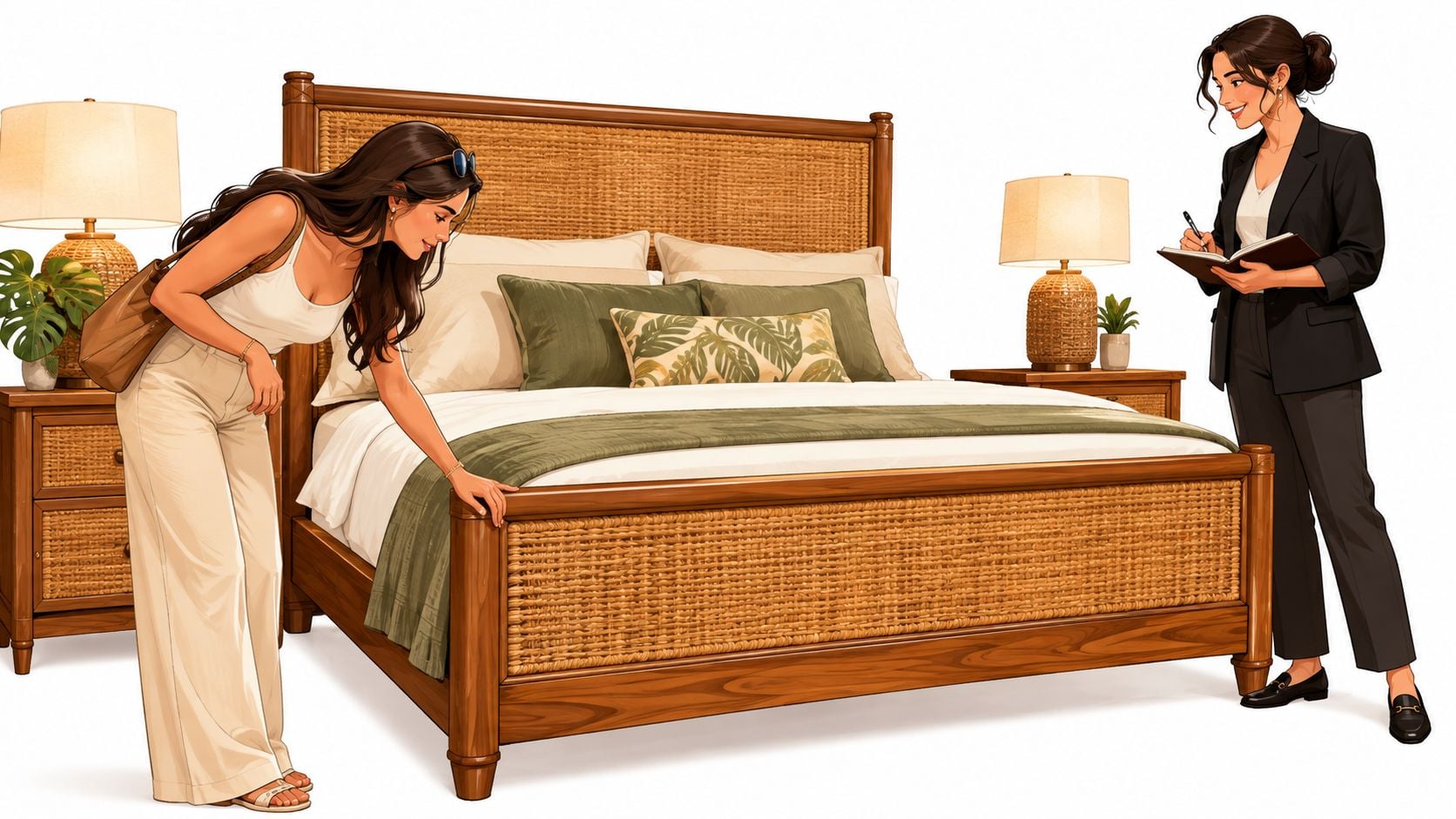 A woman inspecting a tropical king bed while a consultant takes notes in a bright showroom.