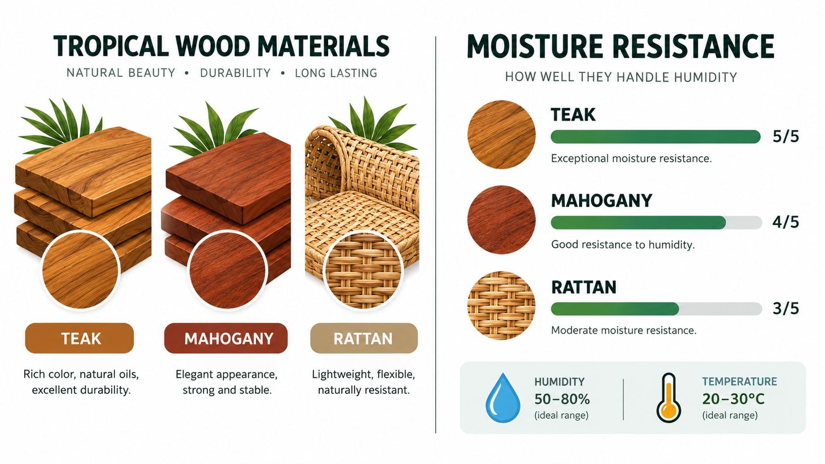 A comparison chart showing three tropical materials, Teak, Mahogany, and Rattan, with their respective moisture resistance levels.