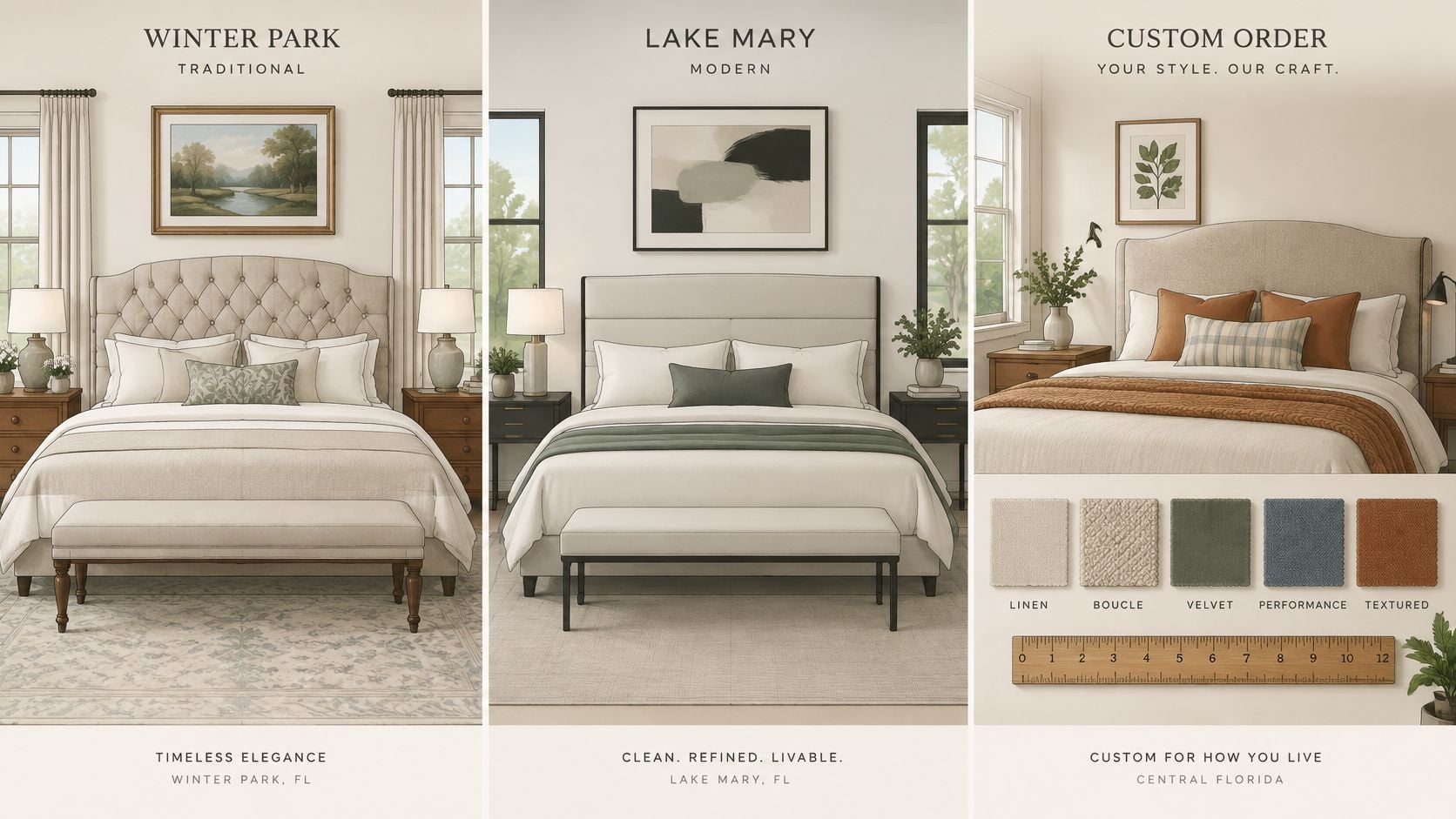 A display featuring three different bedroom design styles with tufted headboards for king beds in a home.