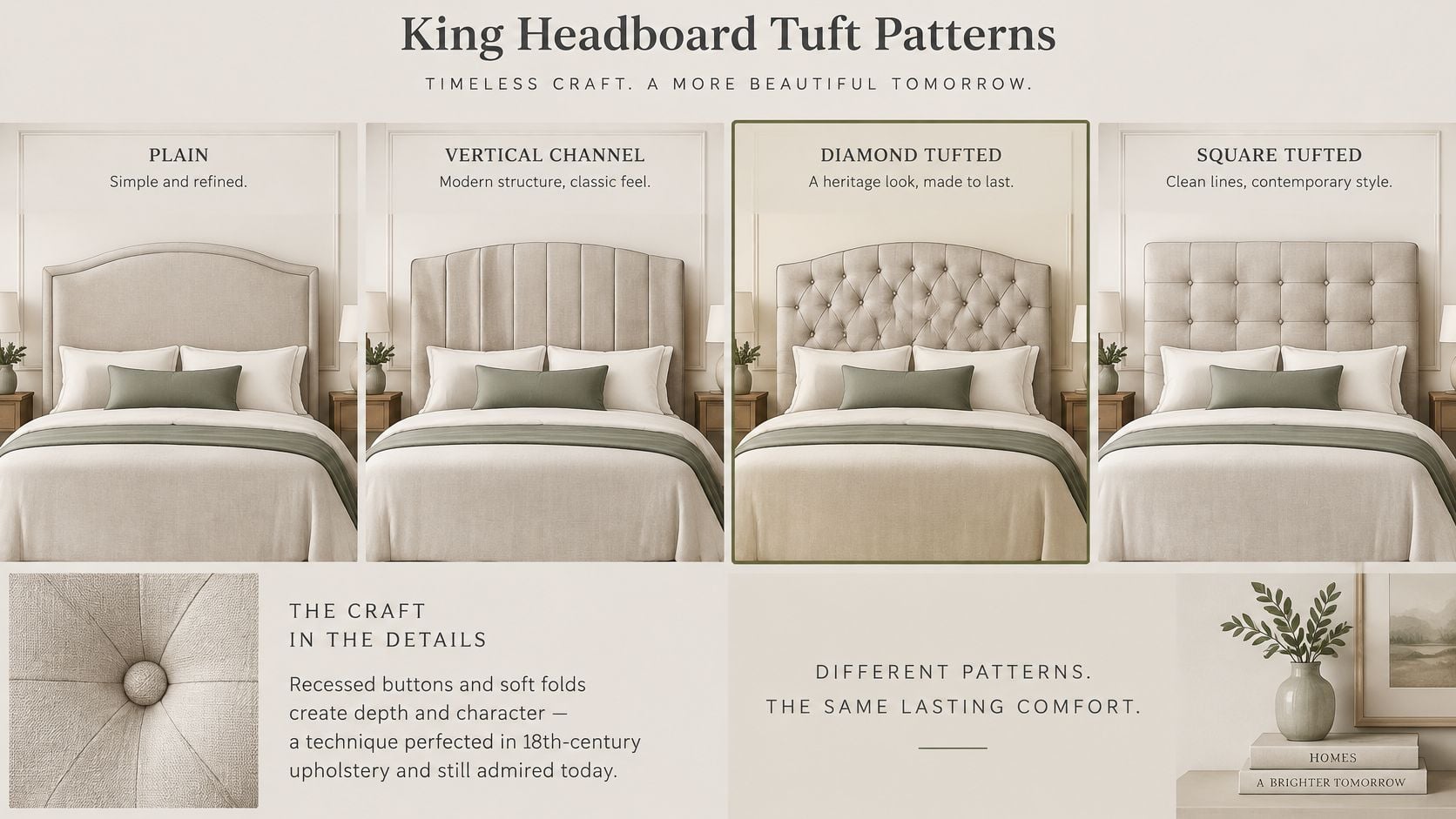 A display showing four styles of King headboards, featuring plain, vertical channel, diamond tufted, and square tufted designs.