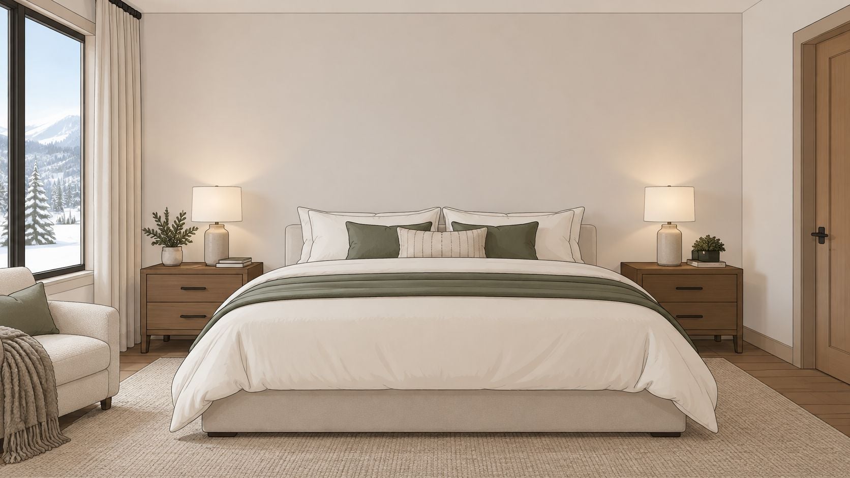 A neutral modern bedroom featuring a cozy king size bed with a tufted headboard and green accents.
