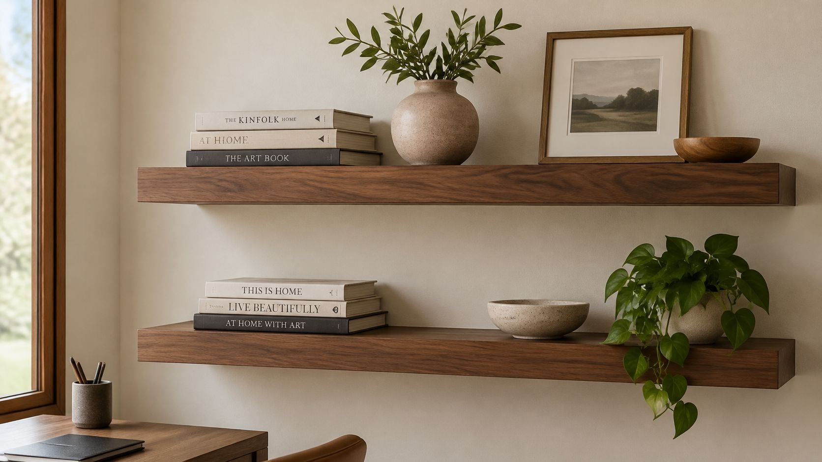 Two minimalist wooden floating shelves displaying decorative books, a vase with greenery, artwork, and a small potted plant.