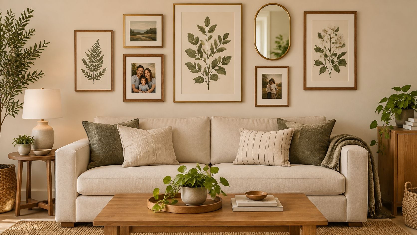 A cozy living room with a beige sofa, gallery wall, wooden coffee table, and indoor house plants.
