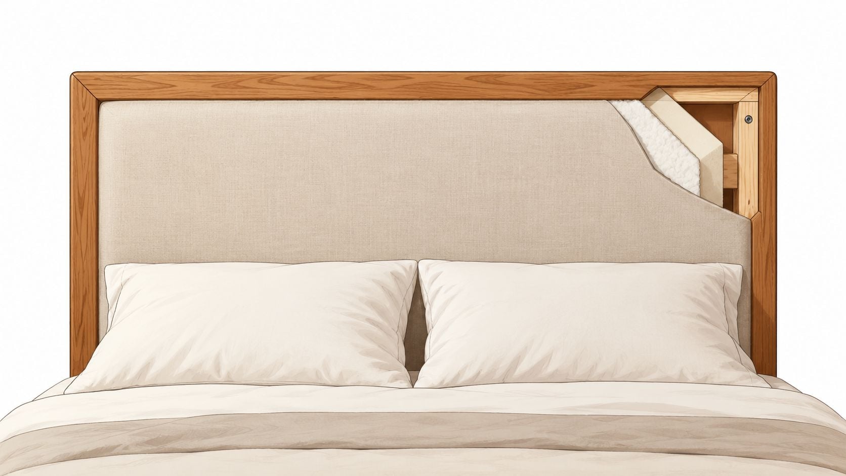 A wooden headboard with fabric upholstery showing an exposed interior cutaway of the frame and padding layers.