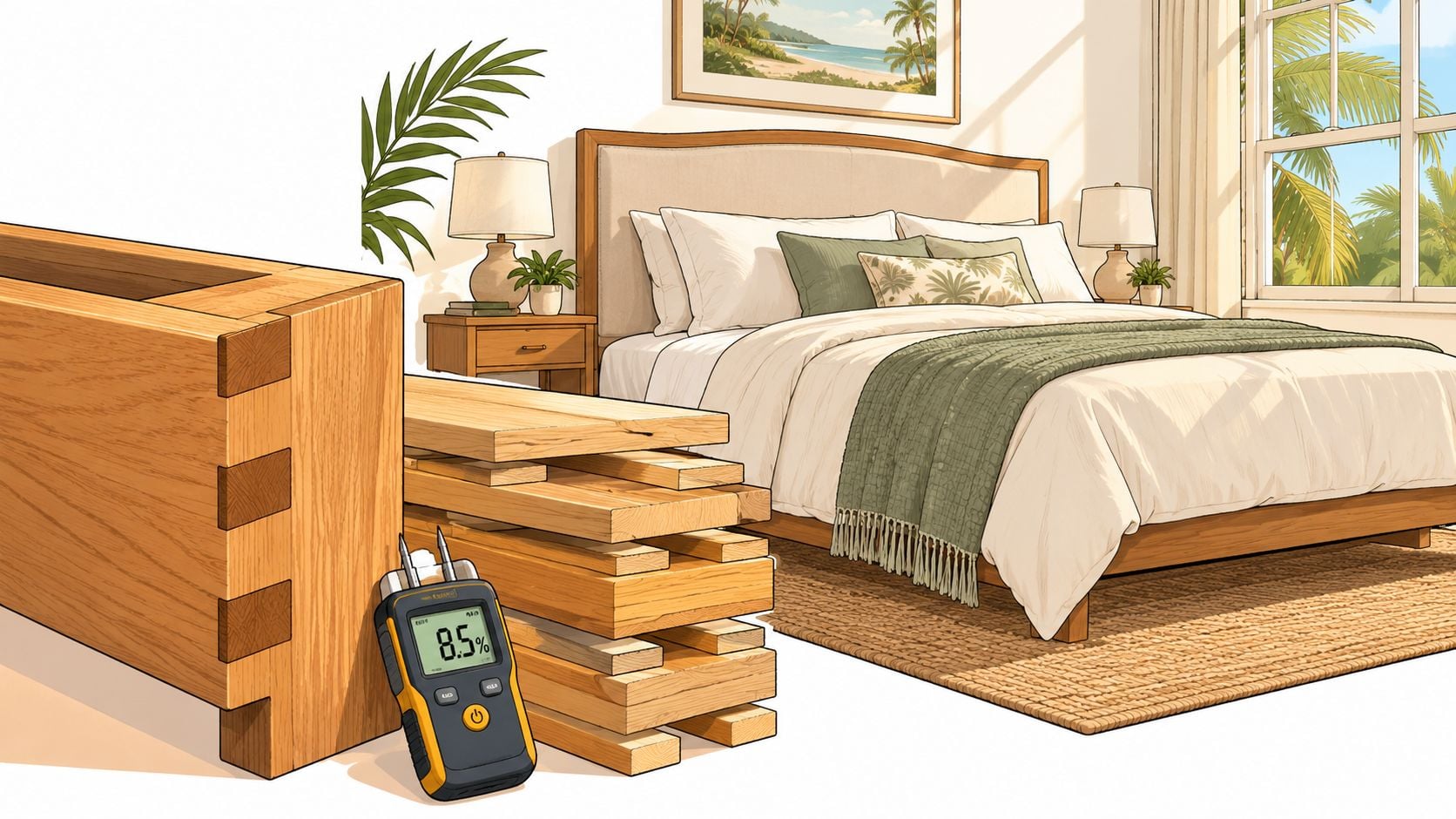 A digital moisture meter resting next to stacked lumber for a custom wood upholstered headboard project.
